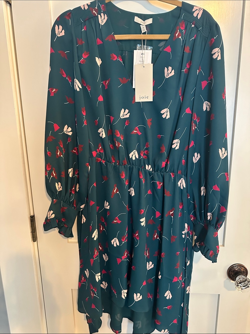 Joie Teal Floral Long-Sleeve Tiered Dress with Pink & White Blooms